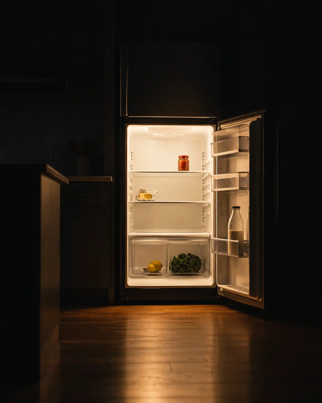 An open fridge glowing in a dark kitchen at night, a few things on its shelves