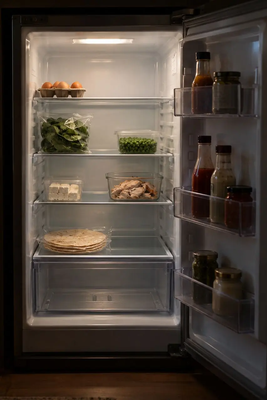 An open fridge with eggs, spinach, peas, feta, chicken and tortillas